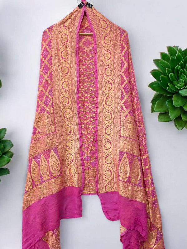 Banarasi Bandhani Pure Georgette Neemzari Gharchola Dupatta - Leheriya