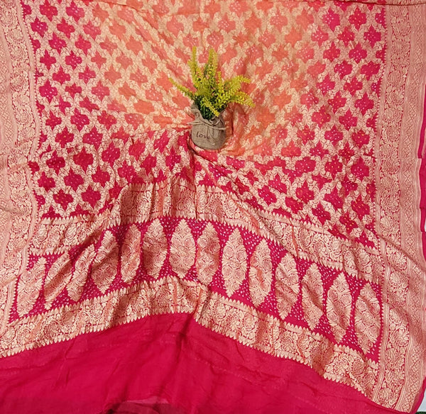 Banarasi Bandhani Pure Georgette Neemzari Gharchola Orange & Pink Dupatta - Leheriya