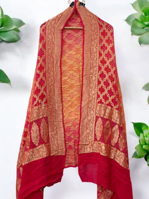 Banarasi Bandhani Pure Georgette Neemzari Gharchola Orange & Pink Dupatta - Leheriya