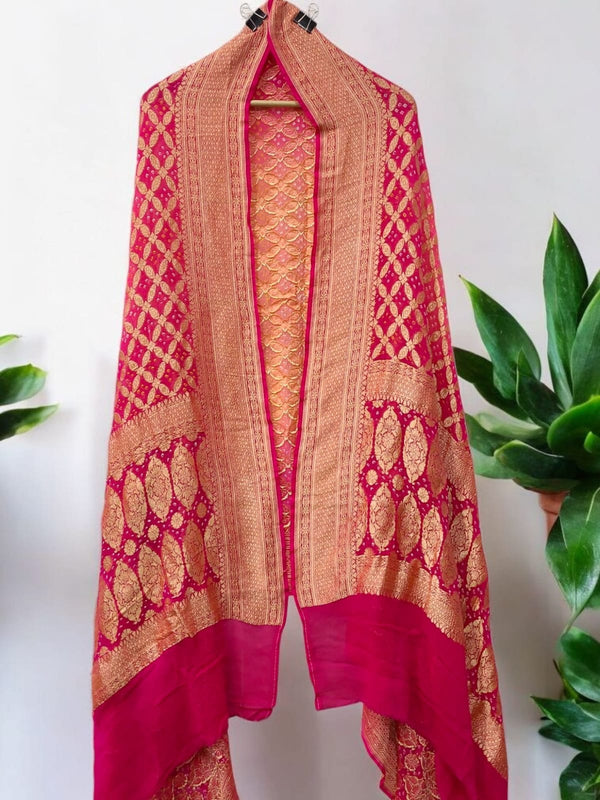 Banarasi Bandhani Pure Georgette Neemzari Gharchola Peach & Pink Dupatta - Leheriya