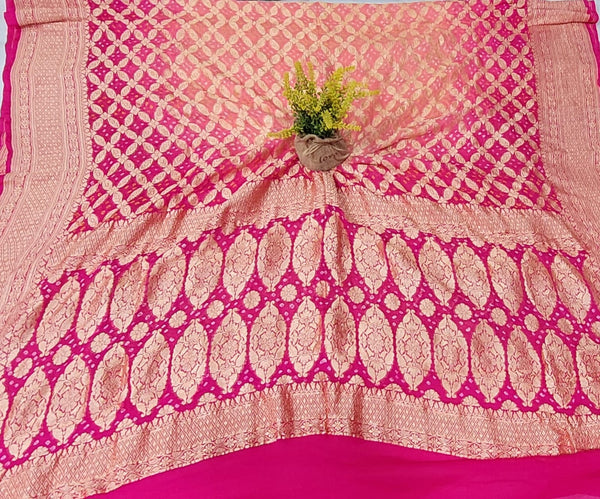 Banarasi Bandhani Pure Georgette Neemzari Gharchola Peach & Pink Dupatta - Leheriya