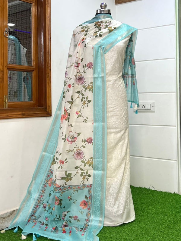 Banarasi Chanderi 3 pc Unstitched Salwar Suit - Leheriya