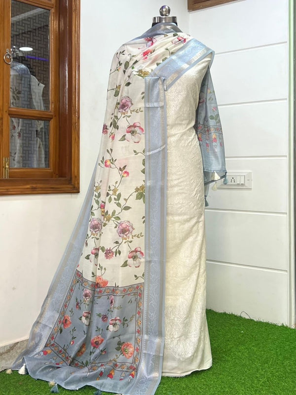 Banarasi Chanderi 3 pc Unstitched Salwar Suit - Leheriya