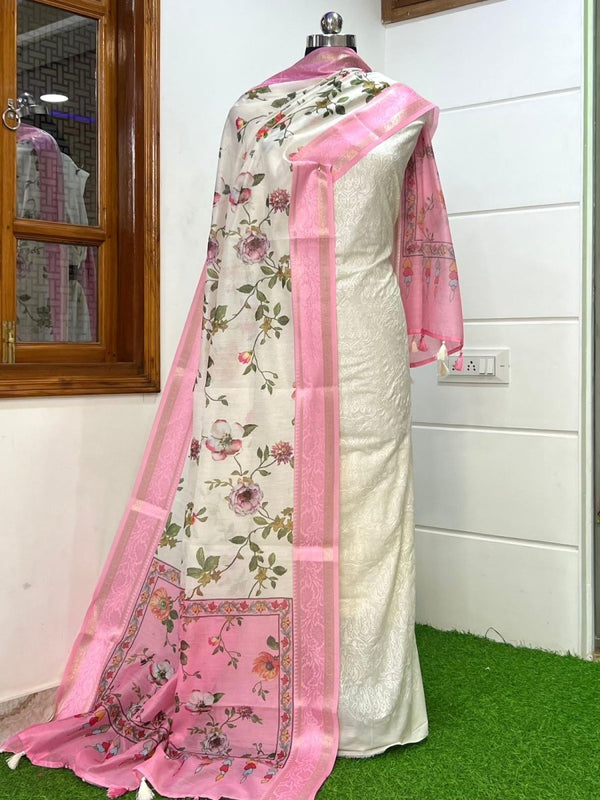 Banarasi Chanderi 3 pc Unstitched Salwar Suit - Leheriya