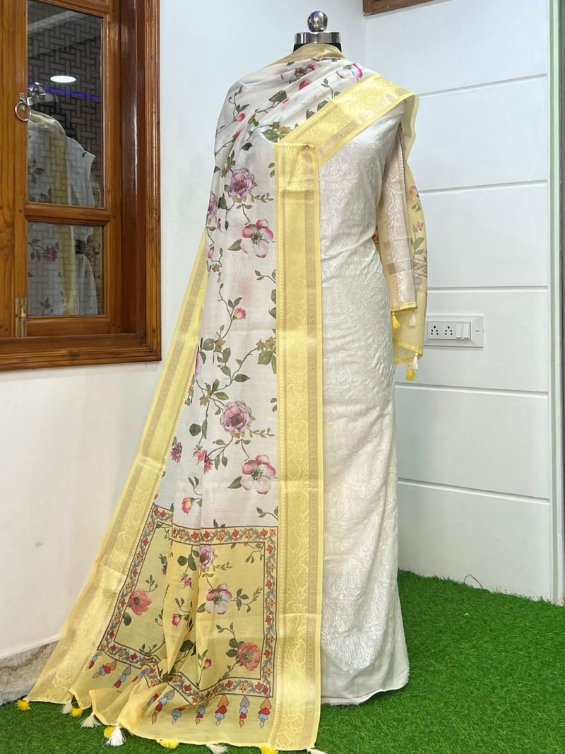 Banarasi Chanderi 3 pc Unstitched Salwar Suit - Leheriya