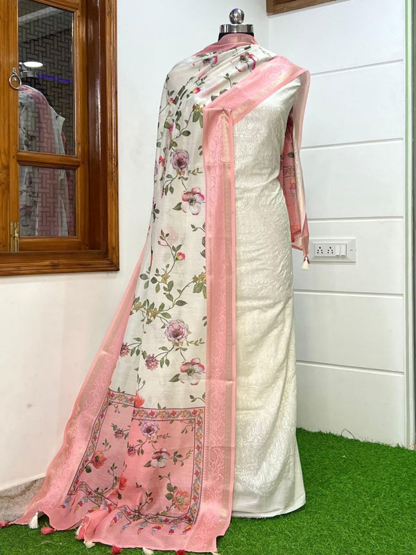 Banarasi Chanderi 3 pc Unstitched Salwar Suit - Leheriya