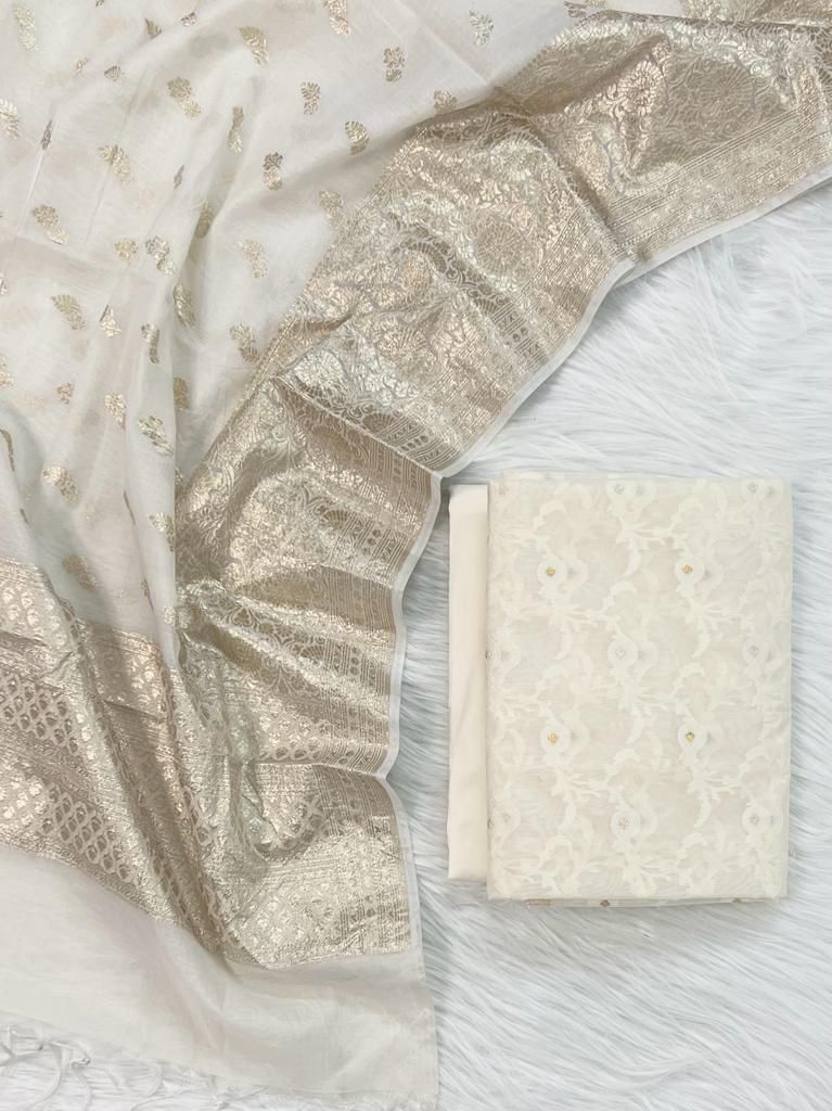 Banarasi Chanderi 3pc Salwar Suit - Leheriya