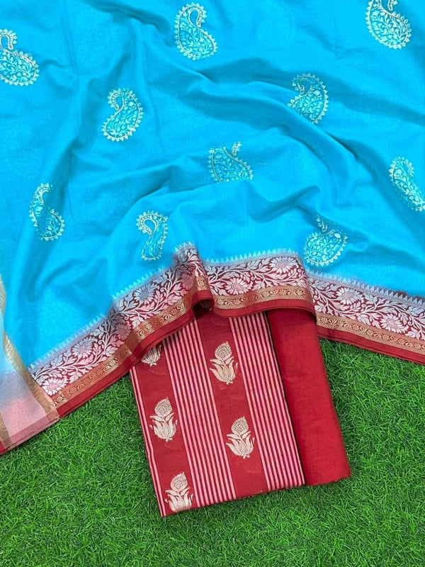 Banarasi Chanderi Salwar Suit With Contrast Dupatta | Deep Red | - Leheriya