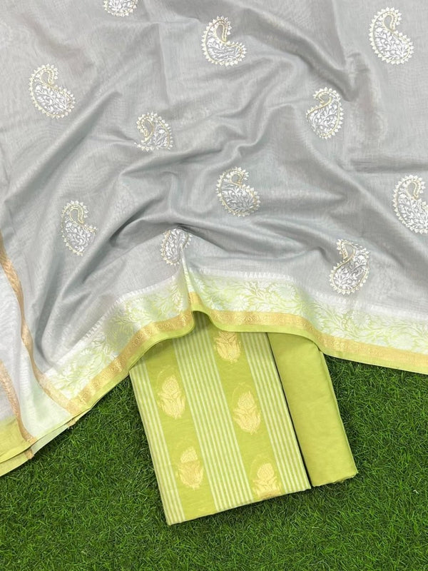 Banarasi Chanderi Salwar Suit With Contrast Dupatta | Greenish Beige | - Leheriya