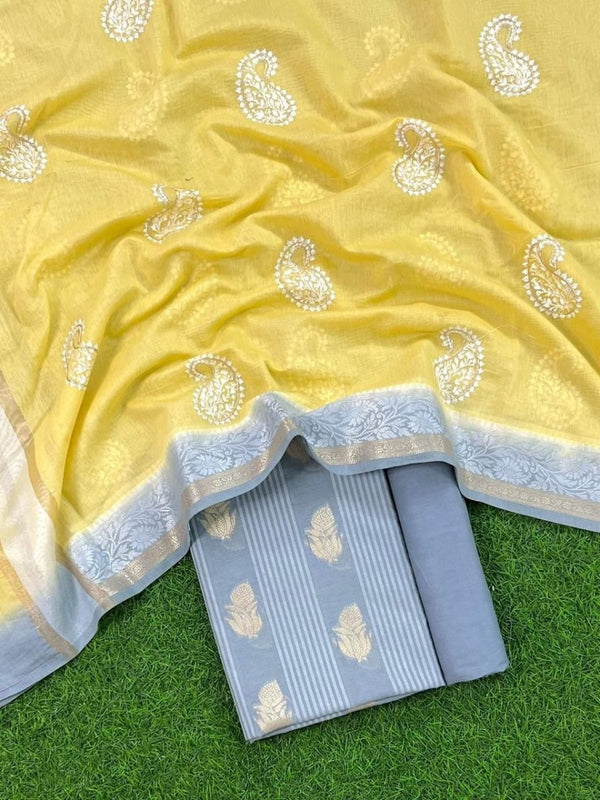 Banarasi Chanderi Salwar Suit With Contrast Dupatta | Grey | - Leheriya