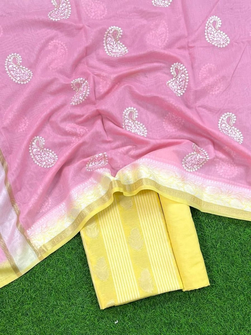 Banarasi Chanderi Salwar Suit With Contrast Dupatta | Yellow | - Leheriya
