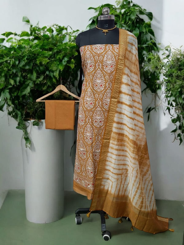 Banarasi Mercerised Cotton Silk 3 pc Embroidery Salwar Suit - Leheriya