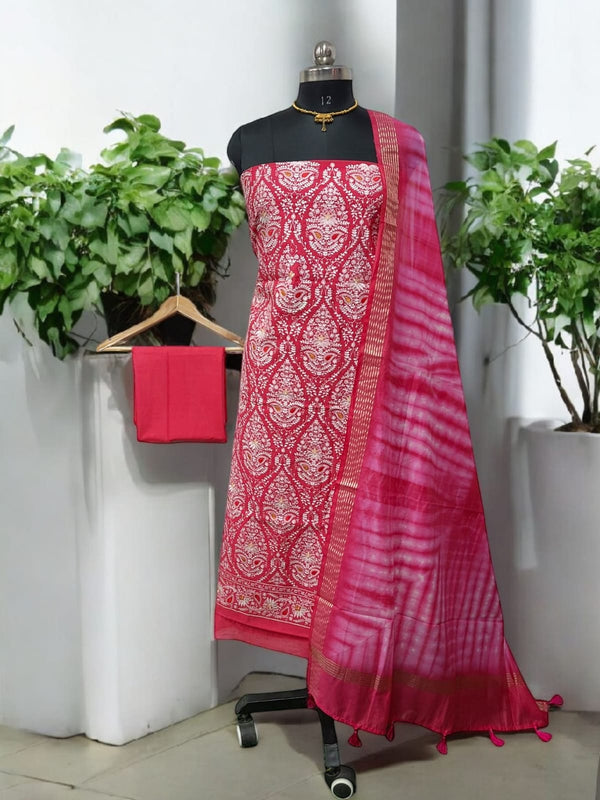 Banarasi Mercerised Cotton Silk 3 pc Embroidery Salwar Suit - Leheriya