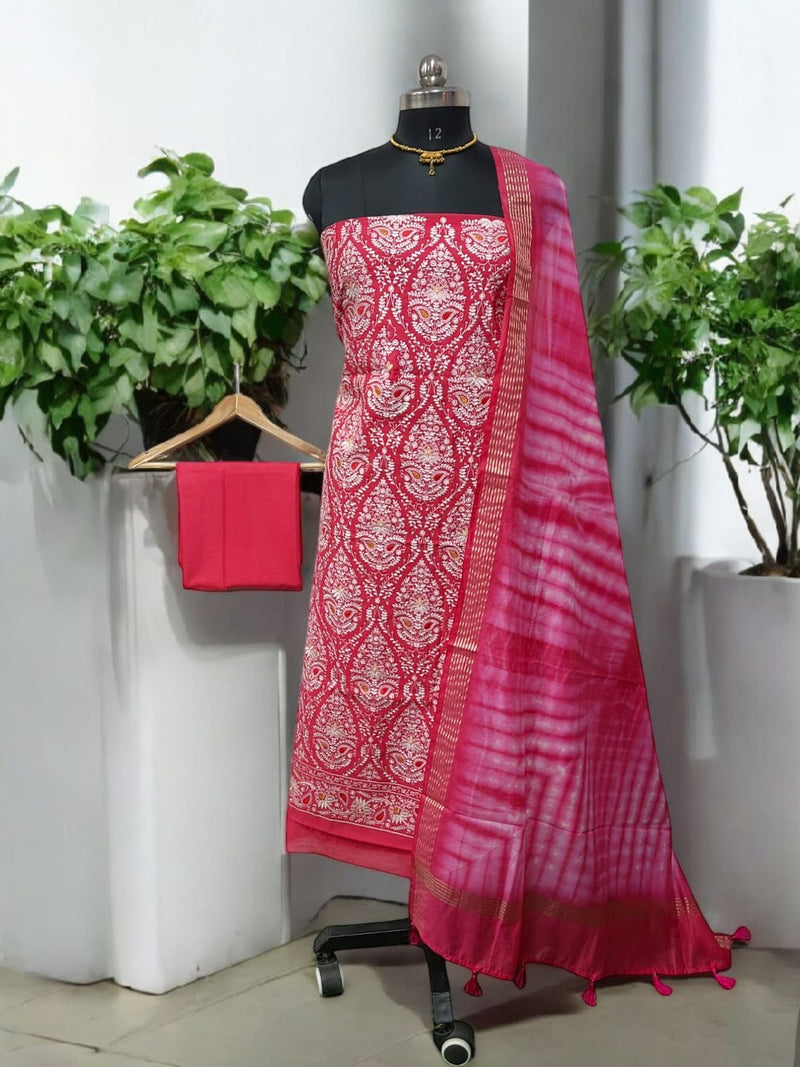 Banarasi Mercerised Cotton Silk 3 pc Embroidery Salwar Suit - Leheriya
