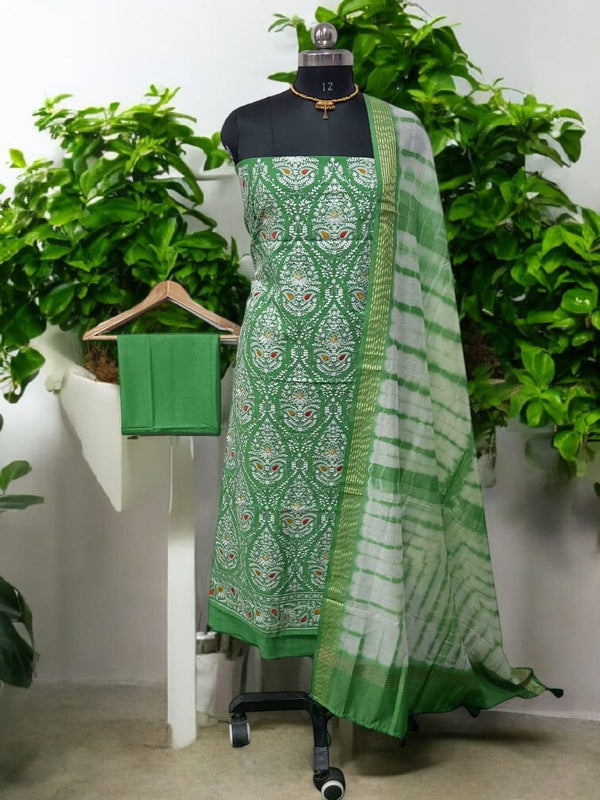 Banarasi Mercerised Cotton Silk 3 pc Embroidery Salwar Suit - Leheriya