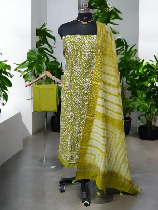 Banarasi Mercerised Cotton Silk 3 pc Embroidery Salwar Suit - Leheriya