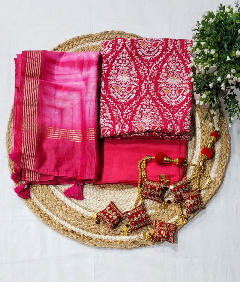Banarasi Mercerised Cotton Silk 3 pc Embroidery Salwar Suit - Leheriya
