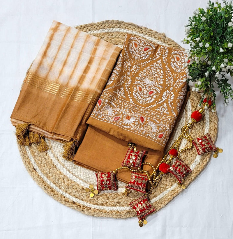 Banarasi Mercerised Cotton Silk 3 pc Embroidery Salwar Suit - Leheriya