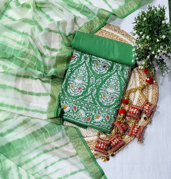 Banarasi Mercerised Cotton Silk 3 pc Embroidery Salwar Suit - Leheriya