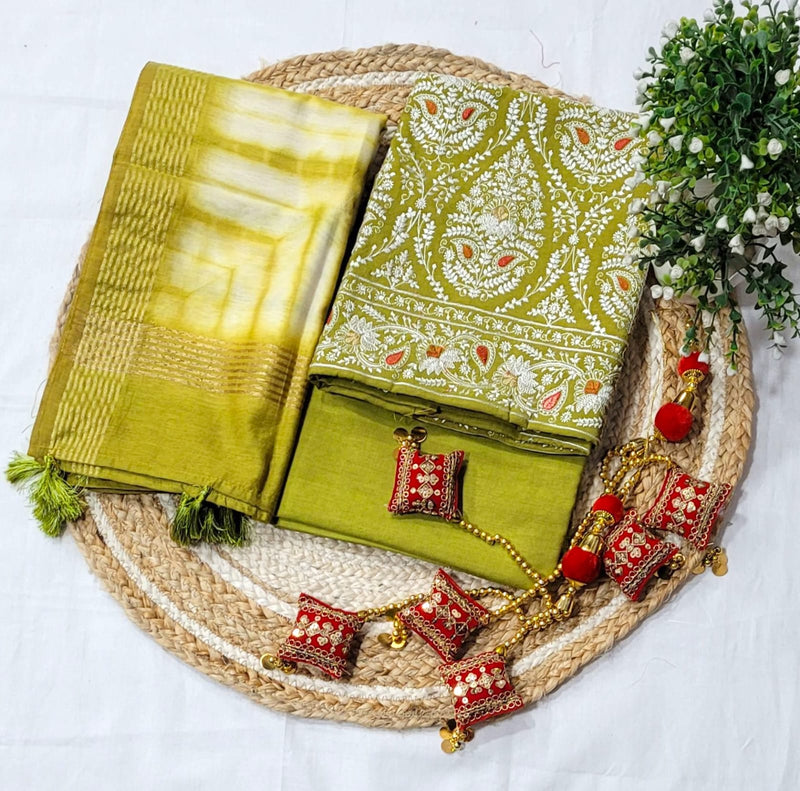 Banarasi Mercerised Cotton Silk 3 pc Embroidery Salwar Suit - Leheriya