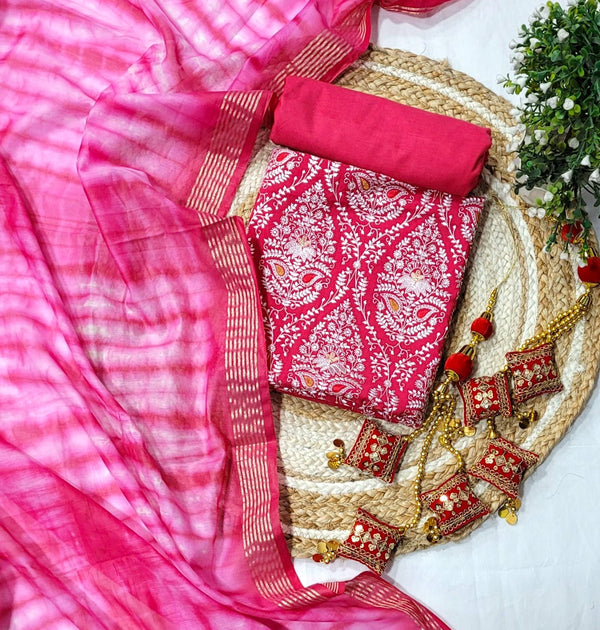 Banarasi Mercerised Cotton Silk 3 pc Embroidery Salwar Suit - Leheriya