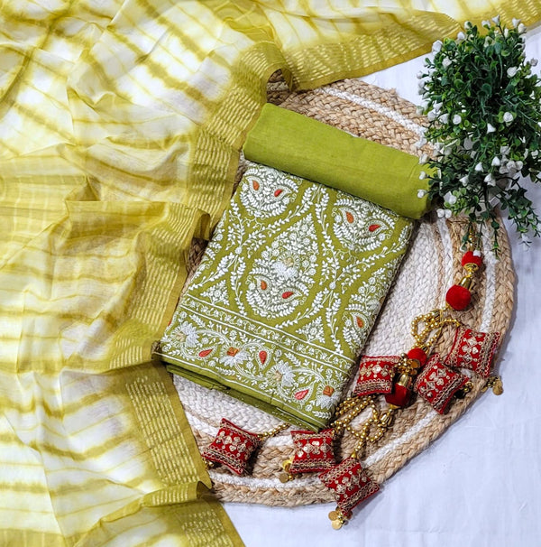 Banarasi Mercerised Cotton Silk 3 pc Embroidery Salwar Suit - Leheriya