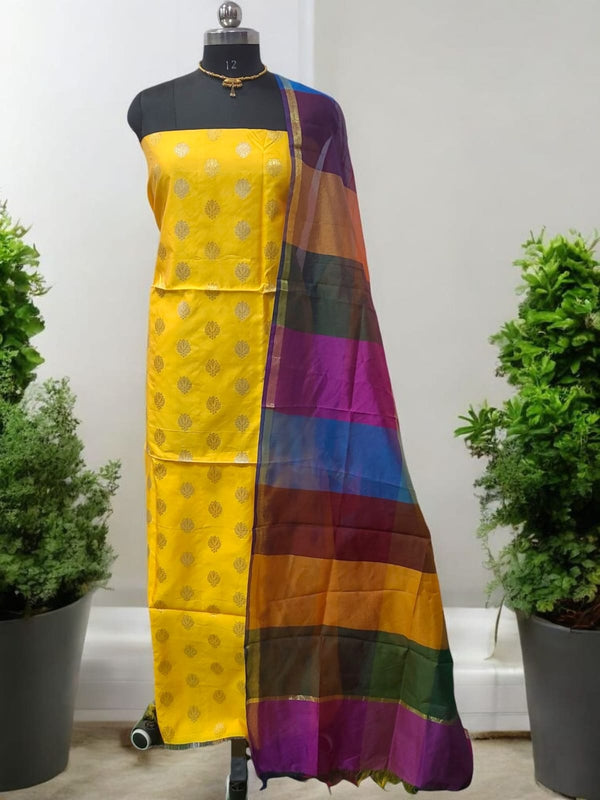 Banarasi Silk 2Pc Unstitched Suit with Multi - Color Dupatta - Leheriya