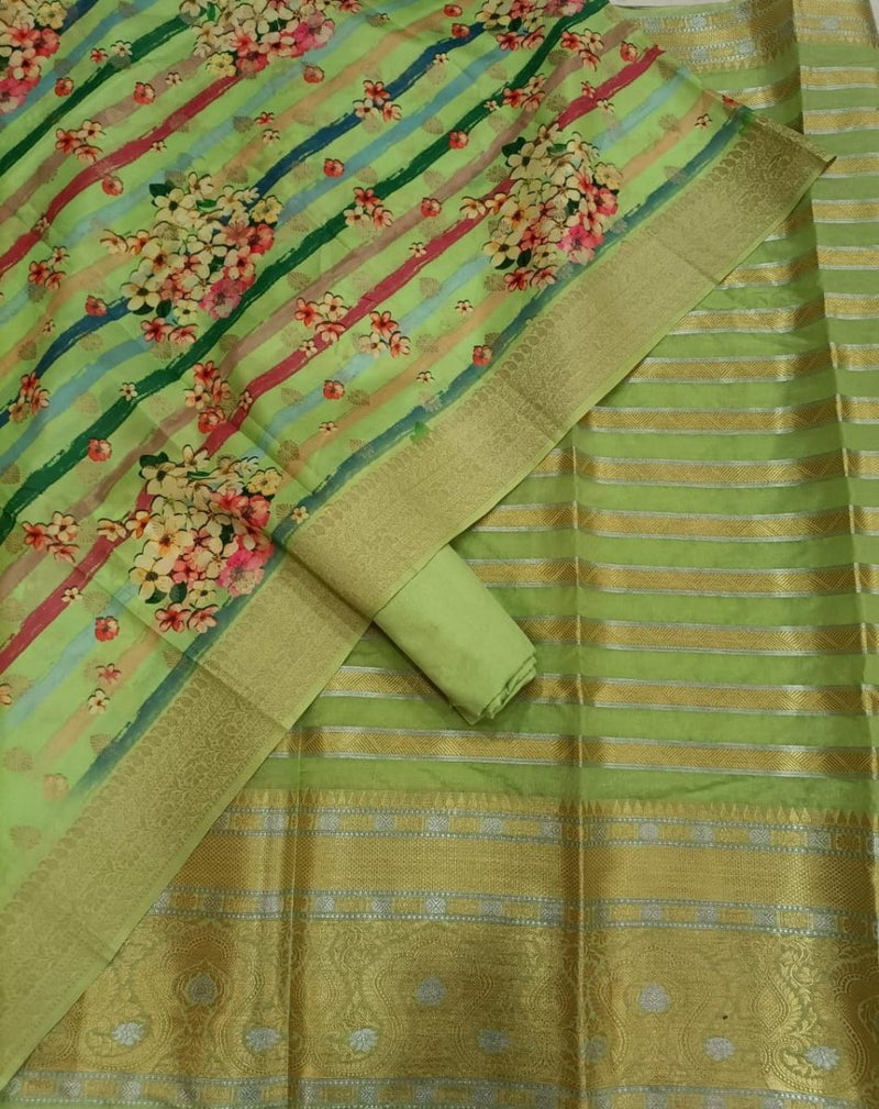 Banarasi Silk Georgette Unstitched Dress Material with Katan Silk Digital Print Dupatta - Leheriya