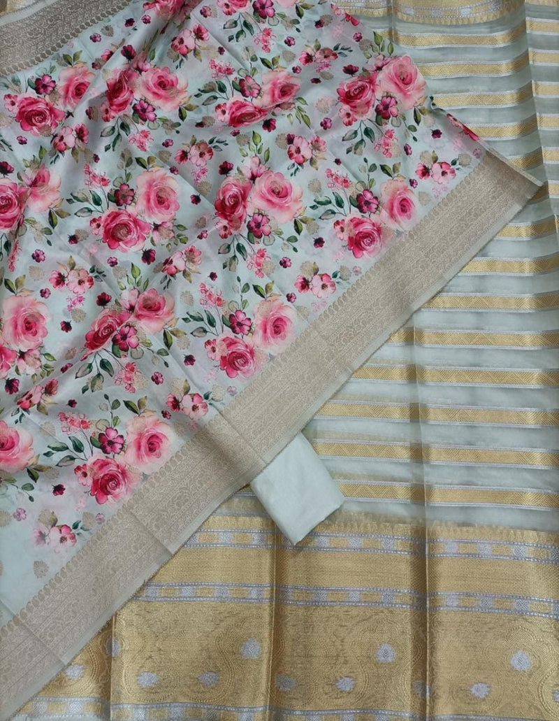 Banarasi Silk Georgette Unstitched Dress Material with Katan Silk Digital Print Dupatta - Leheriya