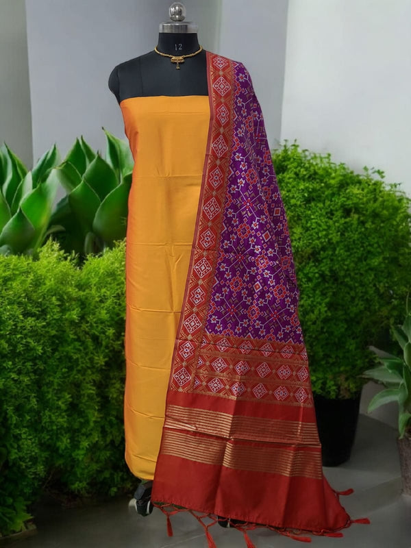 Banarasi Silk Premium Quality Plain Salwar Suit with Patola Woven Dupatta - Leheriya