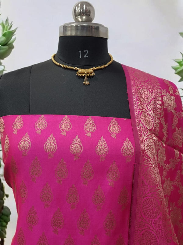 Banarasi Silk Unstitched 3 pc Salwar Suit - Leheriya