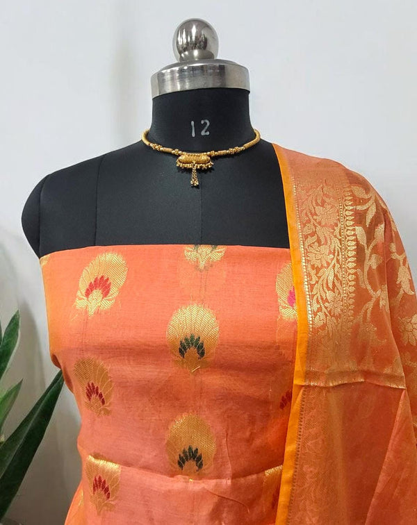 Banarasi Unstitched 3 pc Salwar Suit - Leheriya