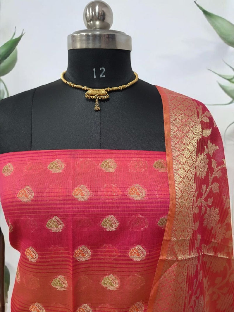 Banarasi Unstitched 3 pc Salwar Suit - Leheriya