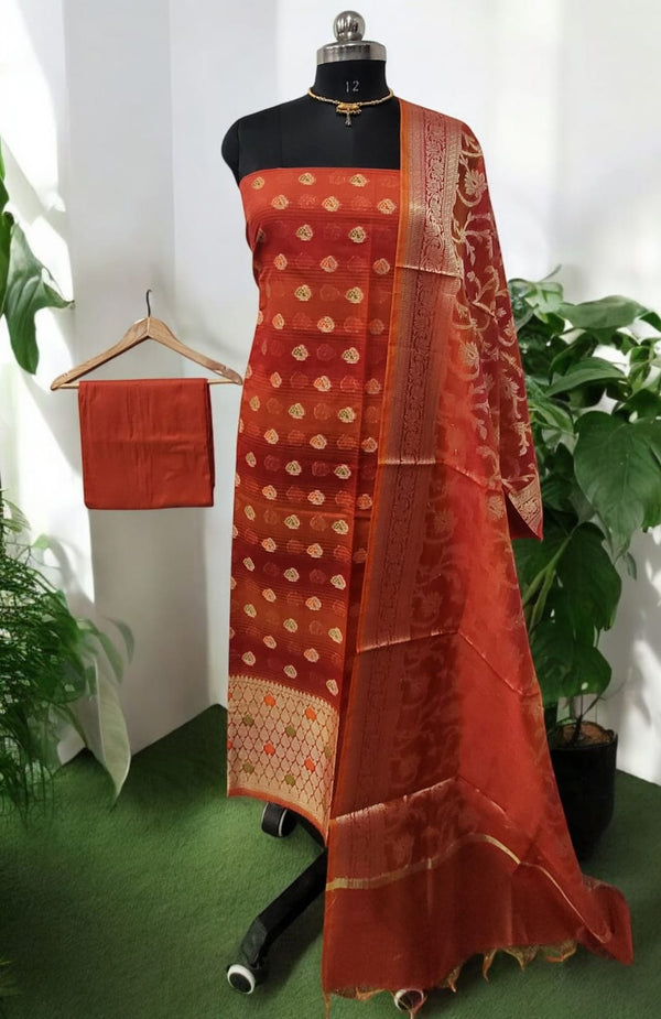 Banarasi Unstitched 3 pc Salwar Suit - Leheriya