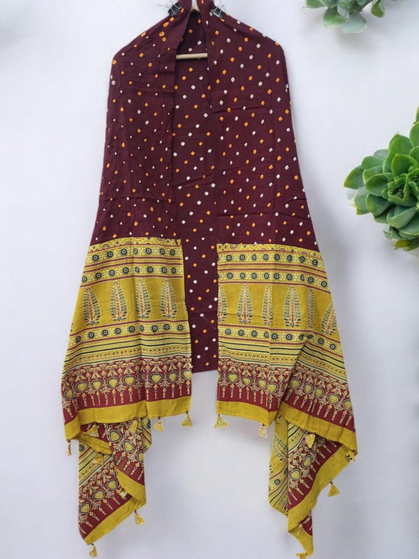 Bandhani Ajrakh Applique Dupatta from Barmer - Leheriya