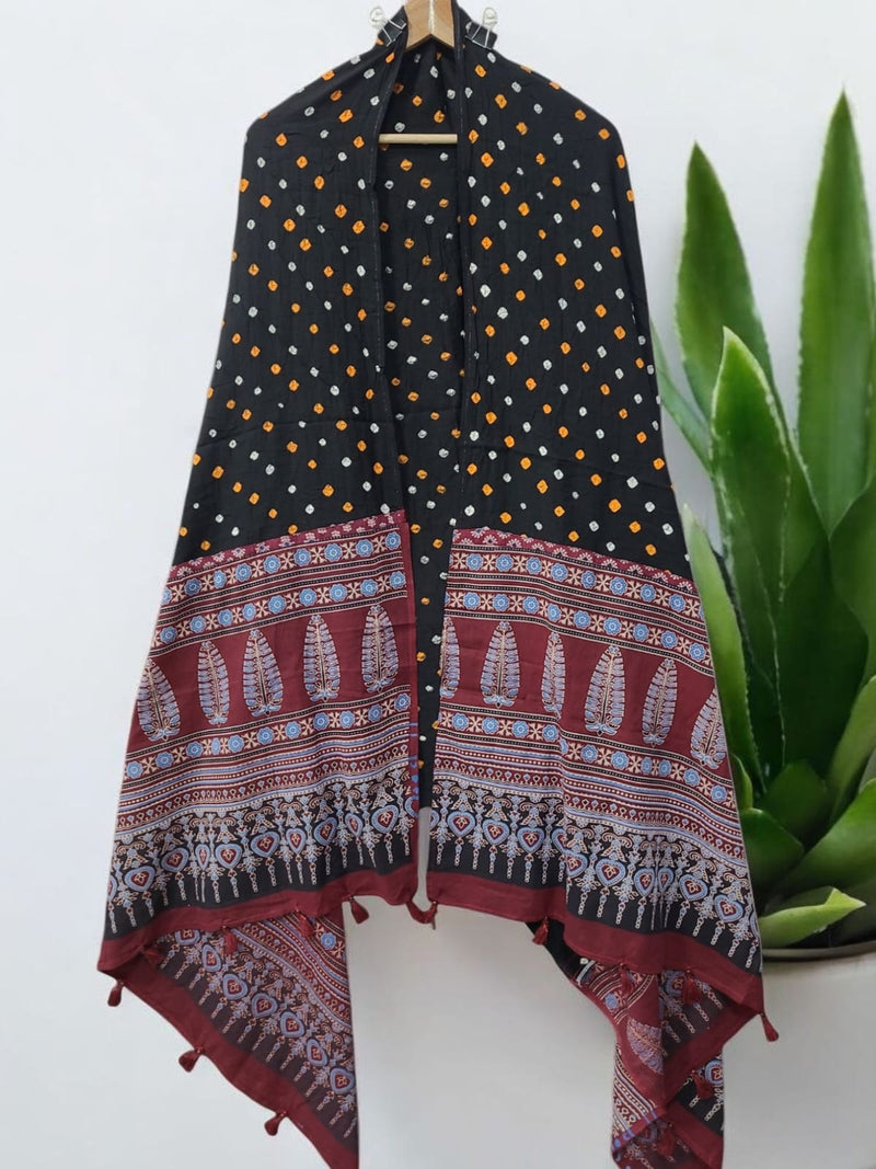 Bandhani Ajrakh Applique Dupatta from Barmer - Leheriya
