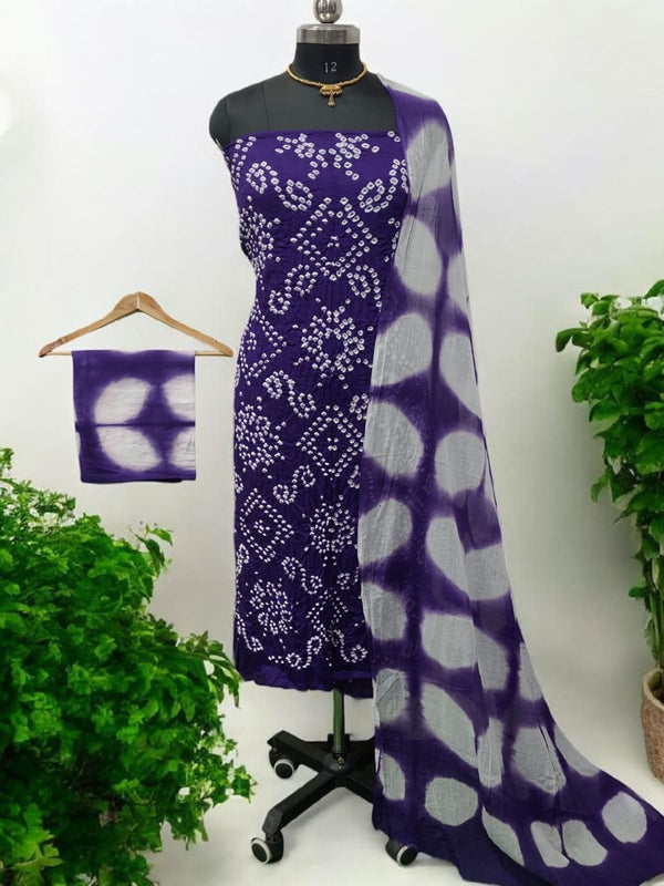 Bandhani Cotton 3 pc Unstitched Dress Material with Clamp Dyed Dupatta - Leheriya