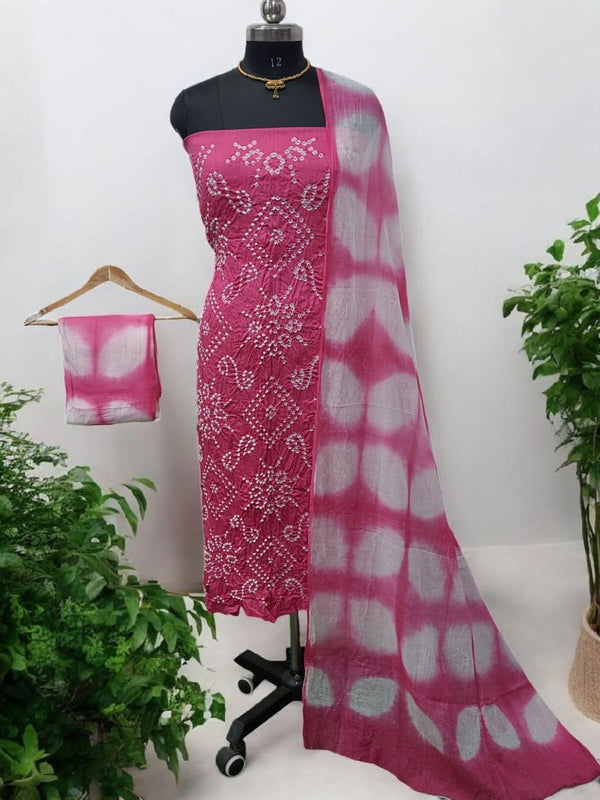 Bandhani Cotton 3 pc Unstitched Dress Material with Clamp Dyed Dupatta - Leheriya