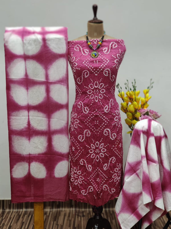Bandhani Cotton 3 pc Unstitched Dress Material with Clamp Dyed Dupatta - Leheriya