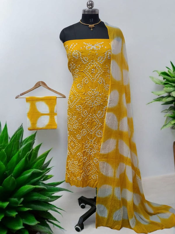 Bandhani Cotton 3 pc Unstitched Dress Material with Clamp Dyed Dupatta - Leheriya