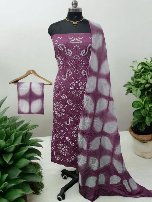 Bandhani Cotton 3 pc Unstitched Dress Material with Clamp Dyed Dupatta - Leheriya