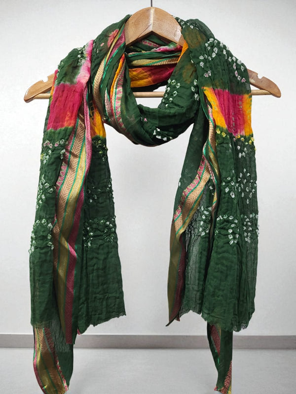 Bandhani Cotton with Resham Border 1 Pc Dupatta ||Multi - Dyeing Colorful|| - Leheriya