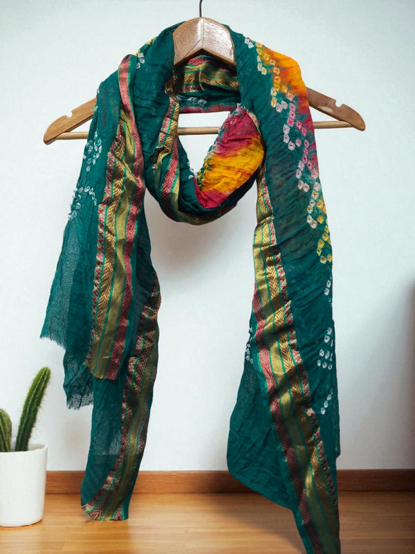 Bandhani Cotton with Resham Border 1 Pc Dupatta ||Multi - Dyeing Colorful|| - Leheriya