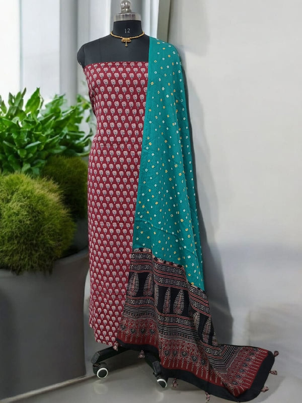 Bandhani dupatta & Ajrakh Fusion 2 pc Salwar Suit - Leheriya