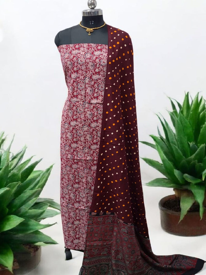 Bandhani dupatta & Ajrakh Fusion 2 pc Salwar Suit - Leheriya