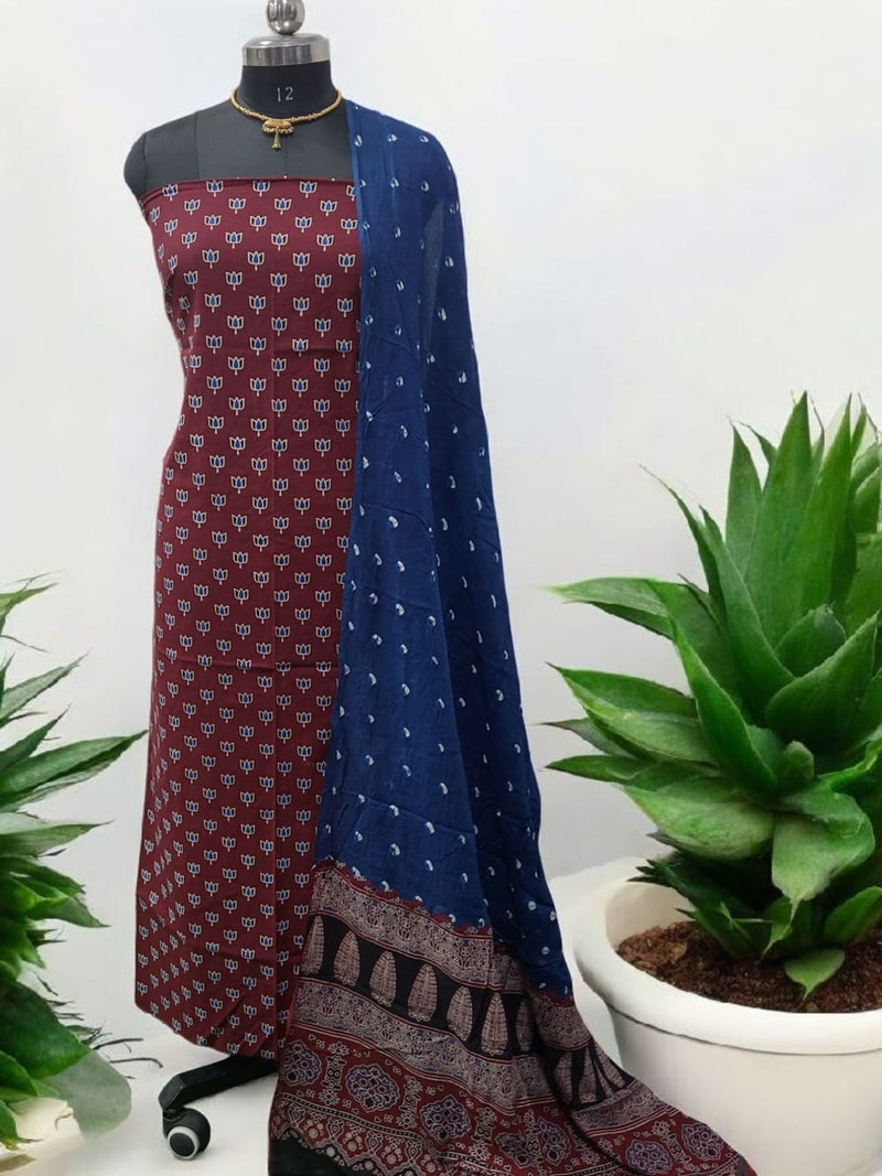Bandhani dupatta & Ajrakh Fusion 2 pc Salwar Suit - Leheriya