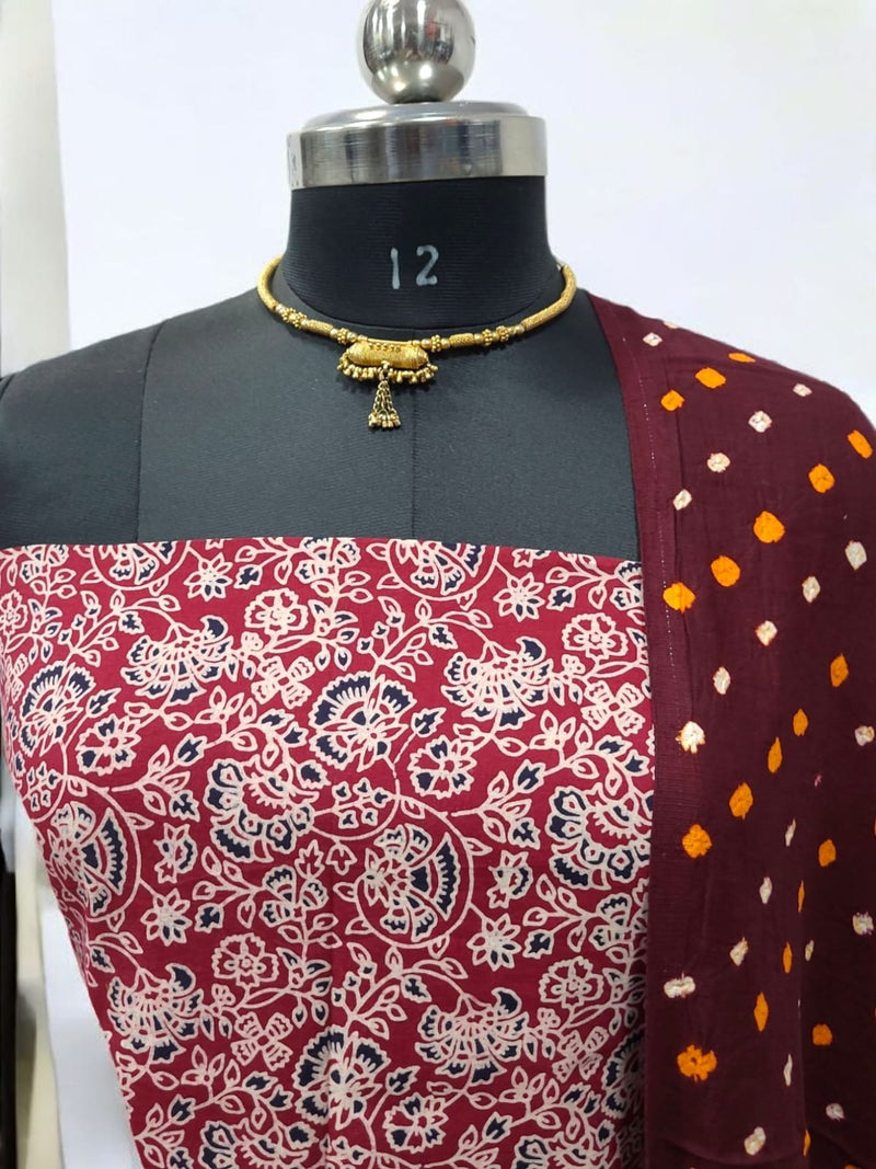 Bandhani dupatta & Ajrakh Fusion 2 pc Salwar Suit - Leheriya