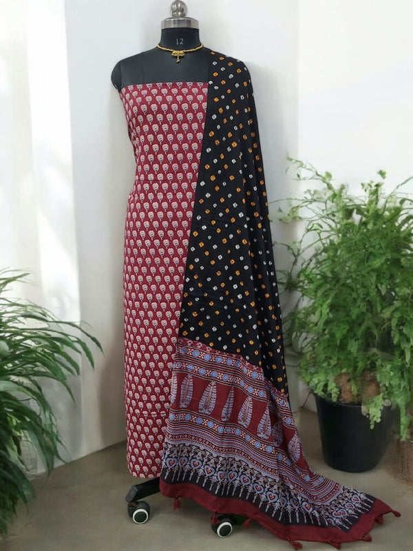 Bandhani dupatta & Ajrakh Fusion 2 pc Salwar Suit - Leheriya