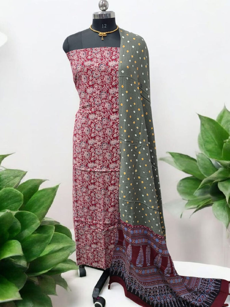 Bandhani dupatta & Ajrakh Fusion 2 pc Salwar Suit - Leheriya