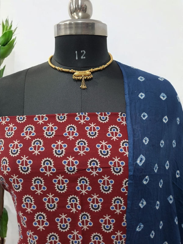 Bandhani dupatta & Ajrakh Fusion 2 pc Salwar Suit - Leheriya